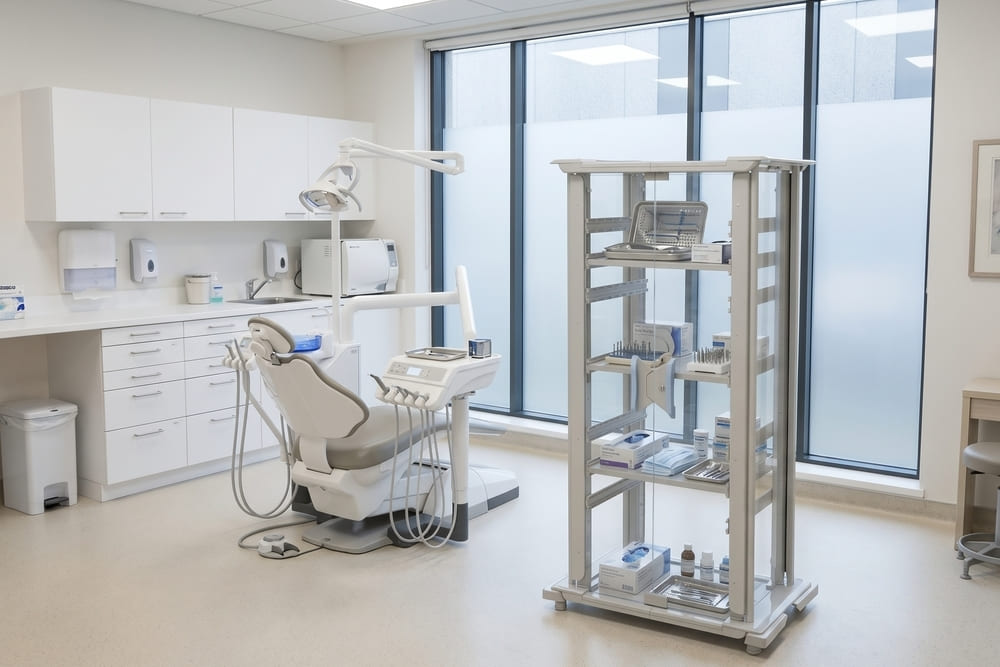 Estante para consultório odontológico: estoque e sala de esterilização organizados